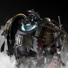 a digitally rendered artwork of a futuristic warrior adorned in heavy, ornate armor. the warrior stands amidst a haze of smoke, suggesting a recent or impending battle. the armor is a blend of metallic plates and chains, featuring a distinctive helmet with glowing blue accents.  a sheathed sword hangs at the warrior's side.