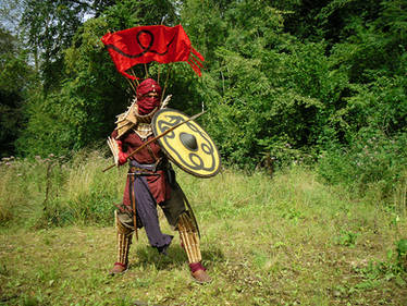 a person dressed in a medieval fantasy warrior costume stands in a grassy field.  the costume includes elaborate armor, a red head covering, and a large yellow and black shield. they carry what appears to be a spear and a red flag or banner is visible behind them. the background is a lush green forest. the overall impression is of a cosplay or reenactment.