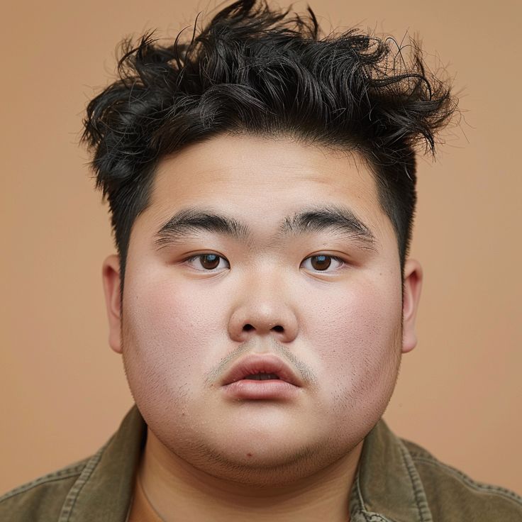 a closeup headshot of a young asian man with dark, messy hair and brown eyes. he has a neutral expression on his face and is wearing an olive green shirt. the background is a solid beige color.