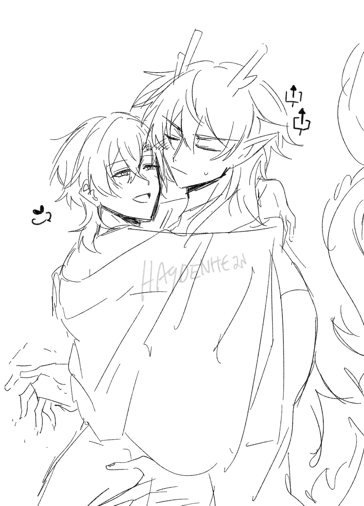a drawing of an anime couple hugging. the male character has horns and a long tail and is holding the female character close to him. both are smiling and have a happy expression. the drawing is done in a simple style with light lines and shading.