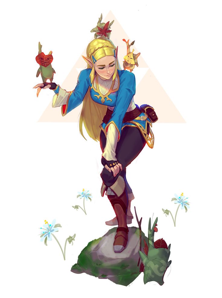 a digital illustration depicting zelda from the legend of zelda video game series. she is wearing her blue tunic and has long blonde hair. three koroks are positioned around her, one on her shoulder, one floating next to her hand, and another near her head. she is standing on a rock covered with moss, and a few small blue flowers are visible. a faint triangular shape is behind her head.