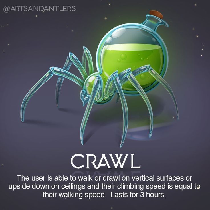 the image shows a potion shaped like a spider filled with green liquid. below the image is text that reads "crawl" followed by a description: "the user is able to walk or crawl on vertical surfaces or upside down on ceilings and their climbing speed is equal to their walking speed. lasts for 3 hours." the image also has the watermark "@artsandantlers" in the upper left corner.