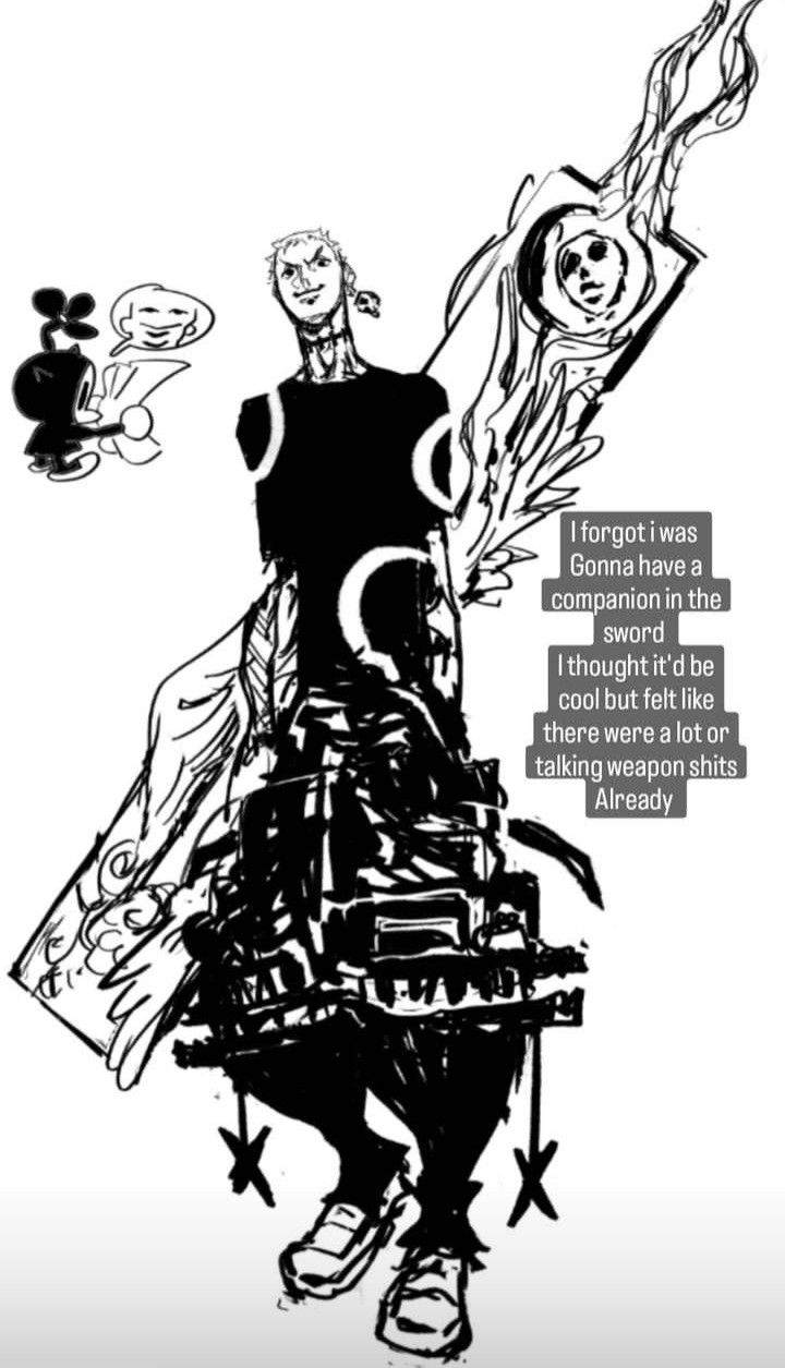 this is a black and white drawing of a character from a manga series, the character is male, is holding a large swordlike weapon and is talking to someone. the drawing style is anime and manga style and the character is in a pose that is similar to a "fighting stance" or "attacking stance". the weapon in the drawing is very detailed and looks like it's alive and is potentially talking to the character. the drawing is in black and white and has a lot of detail and intricate lines. the style of the drawing is quite dark and the drawing is full of detail and the character is positioned in a way that makes the image look like it is in motion.
