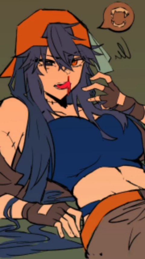 the image is a digital drawing or illustration in a style reminiscent of anime or manga. it depicts a young woman with long dark purple hair, wearing an orange baseball cap, a blue cropped top, and brown pants. she has an orangeish tint to her skin and orange eyes.  there is blood on her lip, suggesting a recent injury or perhaps hinting at vampiric characteristics, which is further emphasized by a speech bubble showing a set of fangs.  her expression is confident and possibly mischievous, almost a smirk. she's posed in a relaxed, lounging position. the art style is bold and slightly rough, typical of comic book or graphic novel illustration. the overall tone is a mix of casual and slightly edgy.