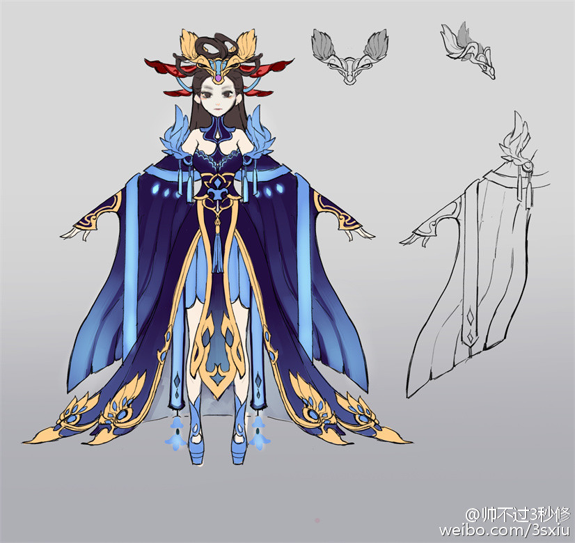 a digital drawing of a female character design in a blue and gold robe, likely with chinese cultural inspirations. the robe is highly detailed, featuring intricate patterns and embellishments. there are smaller sketches of details like the headdress and sleeve designs around the main figure.