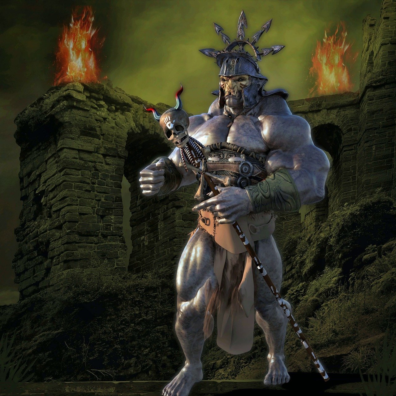 a muscular, greyskinned fantasy warrior stands in front of crumbling ruins with flames burning on top. he wears a helmet with radiating spikes and carries a skull with small red flames on its horns. he has armor on his chest and one arm, and holds a staff.