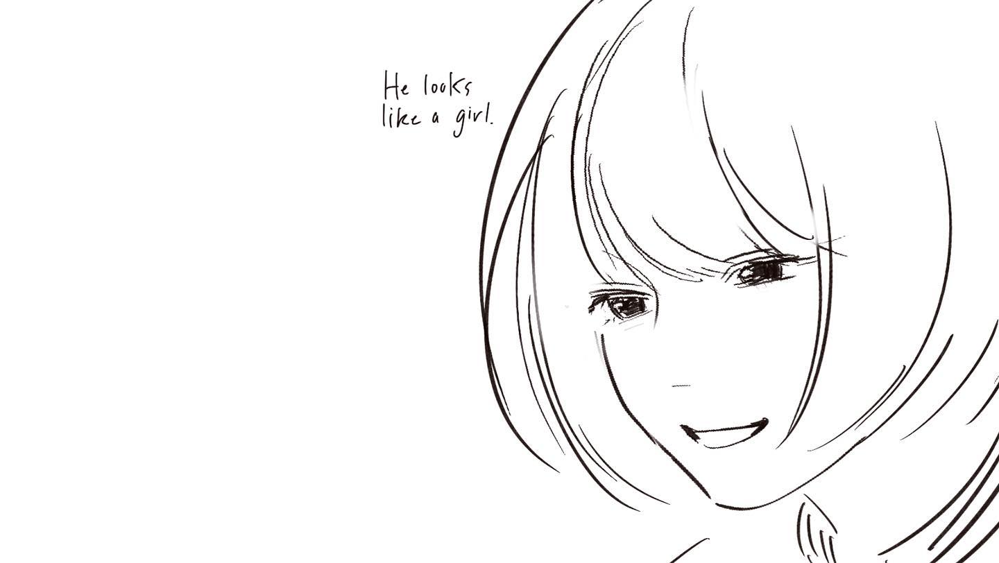 a sketch of an anime girl's face, with a cute smile and short hair. the words "he looks like a girl!" are written in the upper left corner. the style of the drawing is sketchy and whimsical.