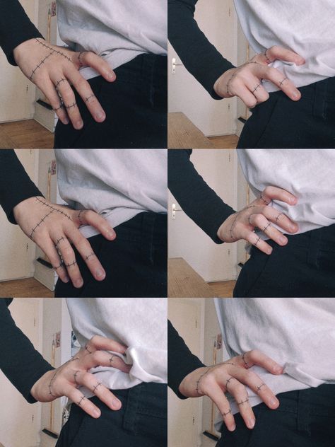 six images of the same person with their hands in different poses. the person's fingers have black stitches sewn into them.  the person is wearing a white shirt and dark pants.  the person is standing.  the images were taken at different angles.