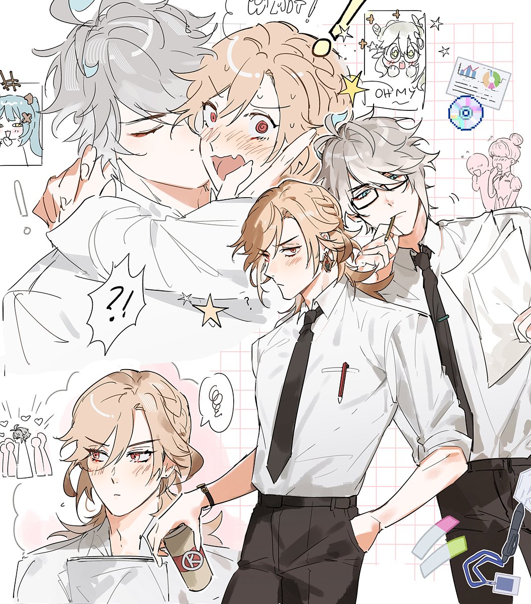 the image is a colorful anime illustration of four boys. there are two pairs of boys, one pair hugging each other, while the other pair is holding a cup of coffee together. the first pair of boys are both wearing white shirts, one boy is wearing a black tie while the other is wearing a black tie and is kissing the other on the cheek. the second pair of boys are both wearing white shirts, one boy is wearing a black tie while the other is wearing a black tie and is holding a cup of coffee. the boys are all smiling and appear to be happy. there are many small details in the background, such as hearts, stars, and other objects.