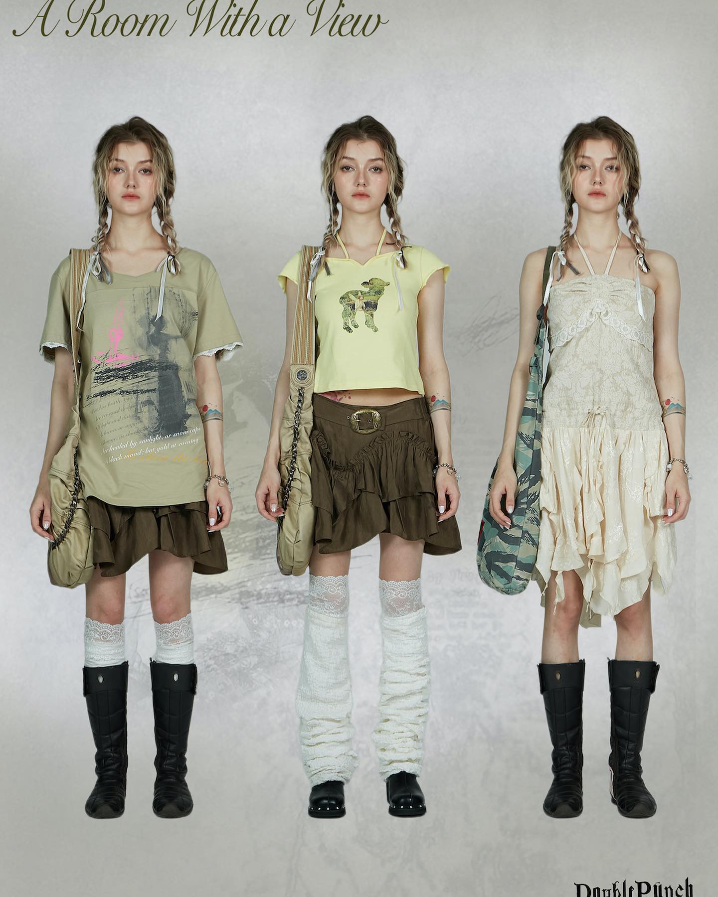 the image showcases three female models, each styled differently in a vintageinspired, bohemian/grunge aesthetic, each wearing a different outfit.  the outfits include: a ruffled olive green skirt and a graphic tshirt, a ruffled olive green skirt and a yellow cropped top, and a flowing, layered beige dress. all the outfits incorporate lace leg warmers and laceup combat boots.  each model carries a different bag – a chain bag, a canvas tote, and a camo bag. the background is a muted gray, keeping the focus on the models' outfits. the header "a room with a view" suggests a thematic inspiration. the bottom right corner displays the brand name "double punch".  the overall presentation appears to be a fashion catalogue spread or similar promotional material.