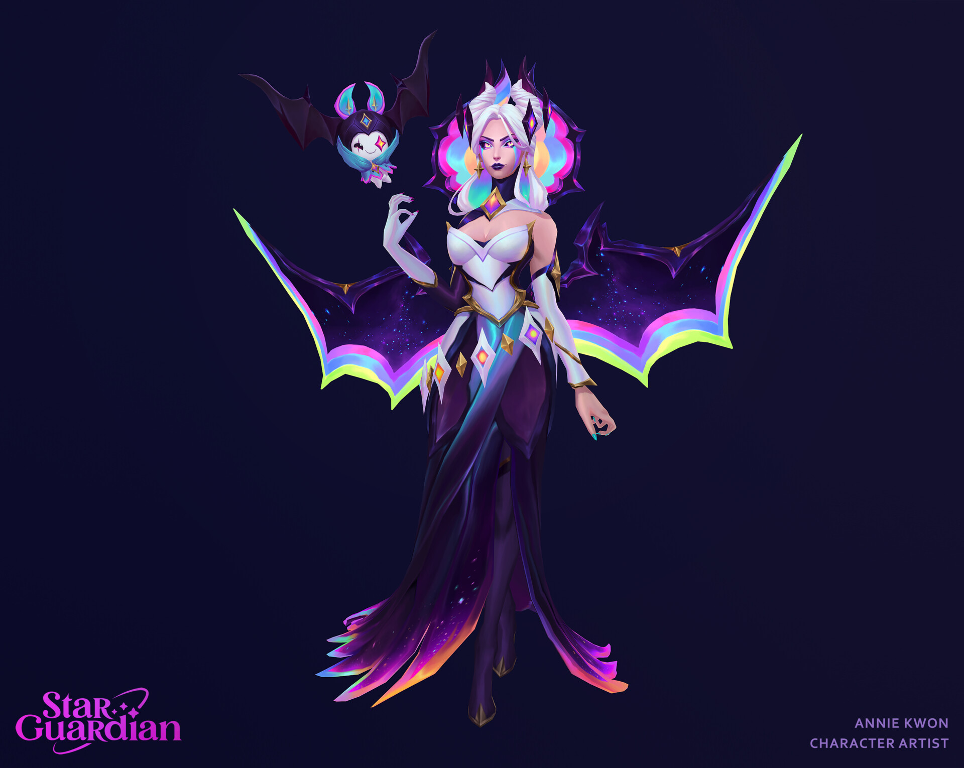 this is a digital illustration of a star guardian neeko, from the popular video game league of legends. the image depicts the character with her wings spread out and her eyes looking forward. her wings are a vibrant mix of rainbow colors, and her dress is a dark purple with a white underdress. her hair is white and tied up with a purple ribbon. she is accompanied by a small, magical bat creature floating to her left. the background is a dark blue.