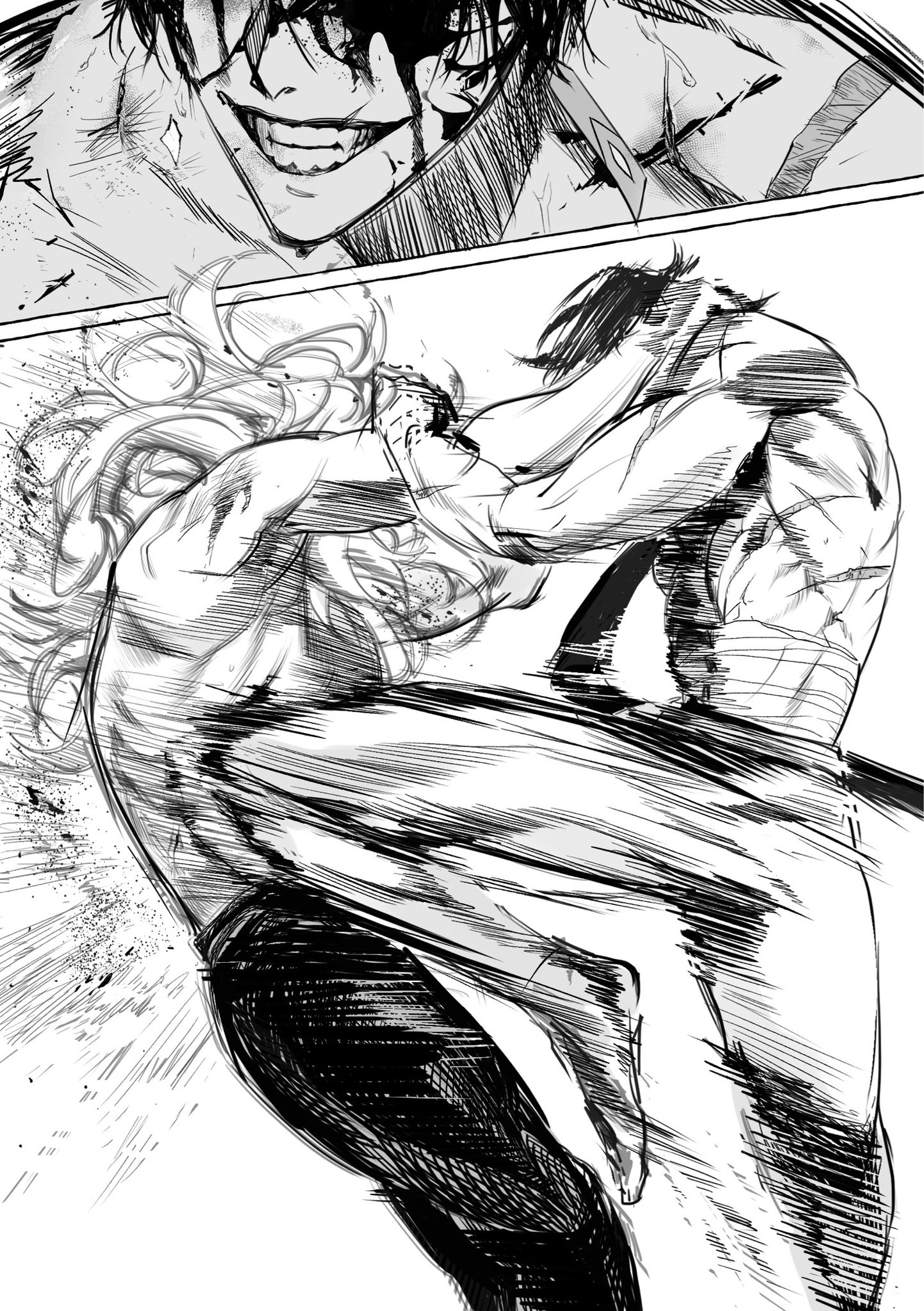 two men fight in a dynamic pose. one is throwing a punch at the other who is blocking it with their arm. the background is a blurry image of a man from a previous panel. the art style is black and white, with a lot of motion lines to create a sense of speed and energy.
