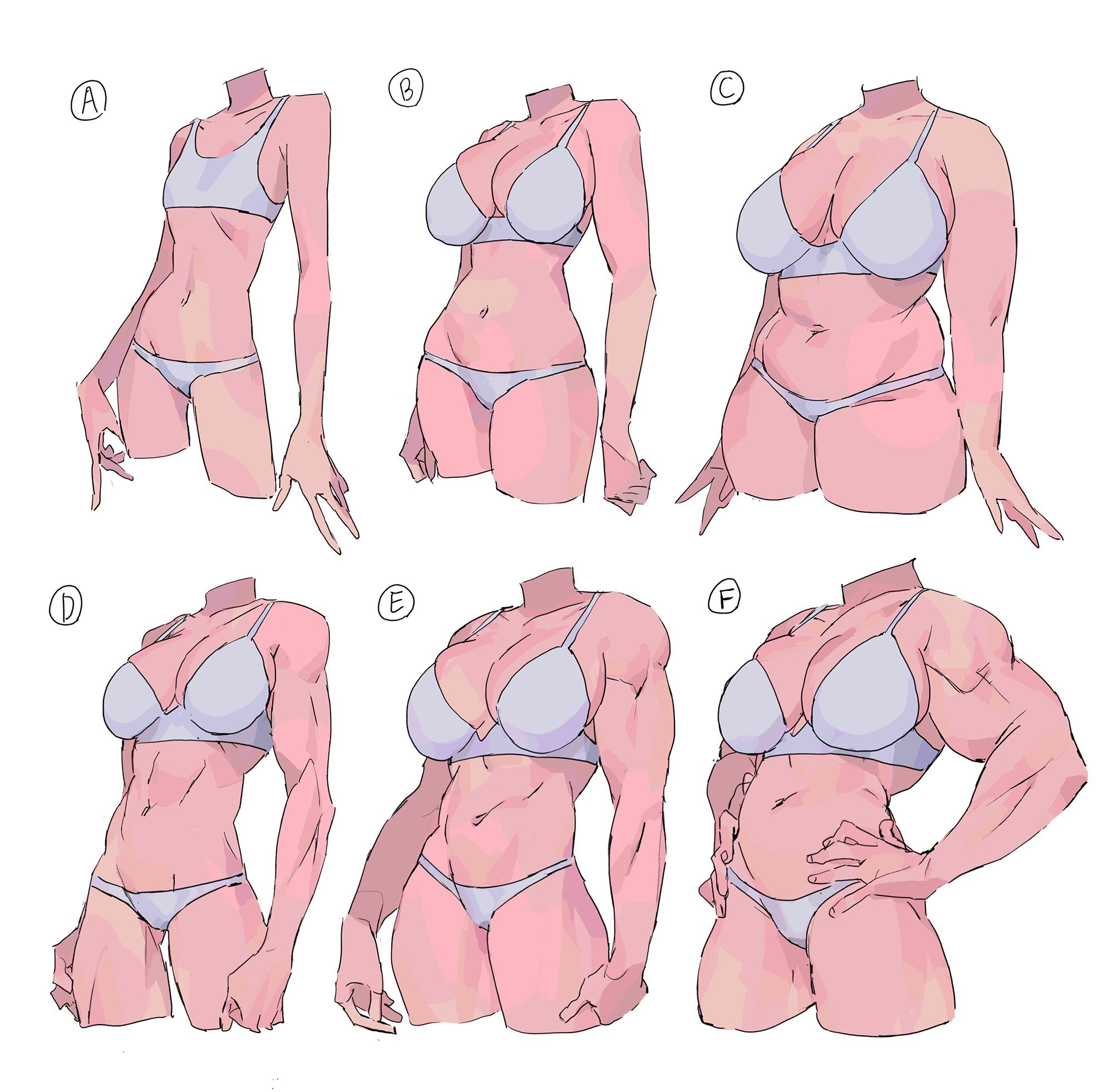 this is a drawing of six different female body shapes in underwear. they are all labeled with letters from a to f. each shape is different and has variations in bust, hips, and overall physique. the drawing style is simple, with thin lines and light shading. the poses are relaxed and natural, with hands resting on hips or at the side. it's a great example of different ways a female body can be drawn, which could be used as reference for artists or illustrators.