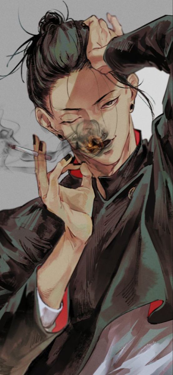 an animestyle illustration of a man with dark hair pulled back in a bun, smoking a cigarette. he has black painted nails and is wearing earrings. he's dressed in dark clothing with red lining. smoke is visible near his mouth.