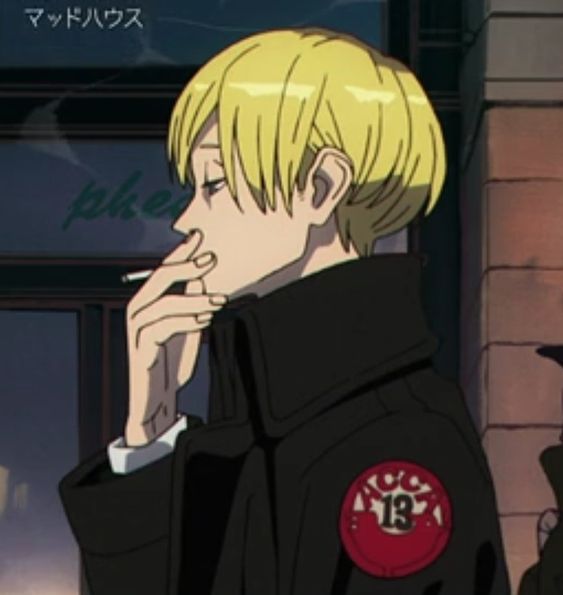 the image is a stylized portrait of a young man with blond hair, smoking a cigarette. he's wearing a black trench coat with a red and white "13" patch on the shoulder. the background suggests an urban setting at night, with muted colors and a cinematic feel. the man's gaze is directed offscreen, creating an air of contemplation or perhaps weariness.