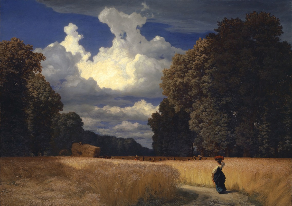 this is a painting depicting a rural landscape featuring a golden wheat field under a partly cloudy sky. trees frame the scene on both sides, with a figure of a woman or peasant walking along a path that cuts through the field. in the distance, there are hay bales and what appear to be other figures working in the field. the sky is blue with prominent white clouds. the overall impression is one of peaceful rural life and agricultural labor.