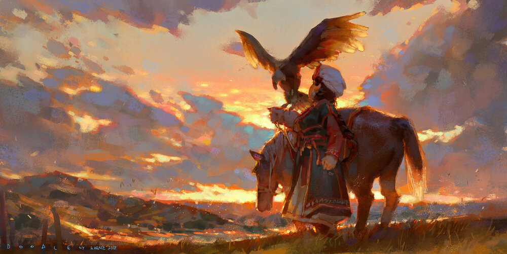 he image is a digital painting depicting a serene scene of a person on horseback at sunset.  the rider, dressed in what appears to be traditional central asian clothing, is holding a large eagle or falcon. the setting sun casts a warm, golden light across the landscape, illuminating the clouds in a dramatic and vibrant display. the overall style is painterly, with visible brushstrokes and a textured appearance that gives it a sense of depth and atmosphere. the scene evokes a feeling of peace and tranquility, emphasizing the harmony between the human, the animal, and the natural world.