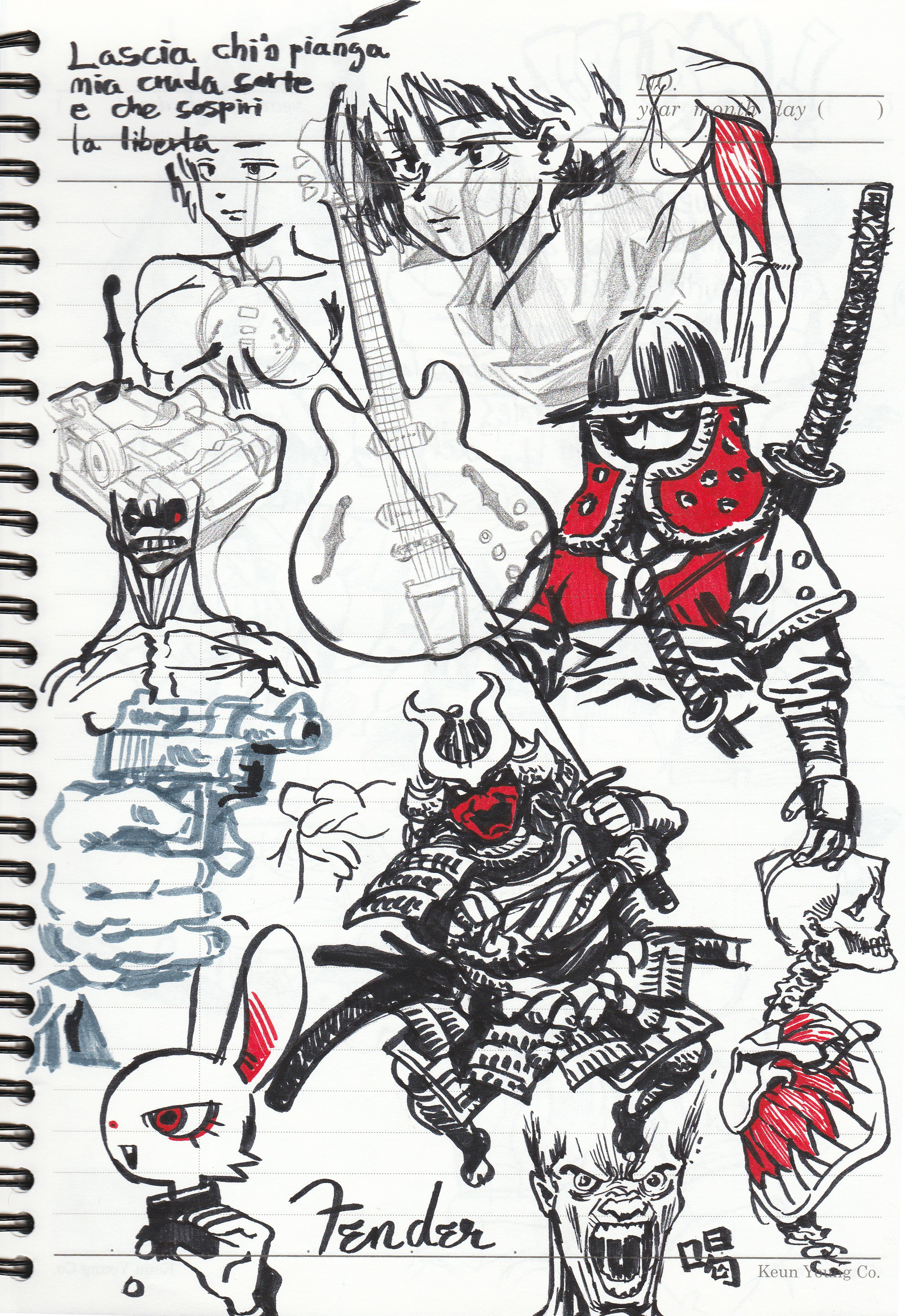 a drawing on a notebook page featuring a guitar, a samurai, a skull, a rabbit, and a monster. the guitar is labeled "fender" and the drawing is done in black and white with red highlights.