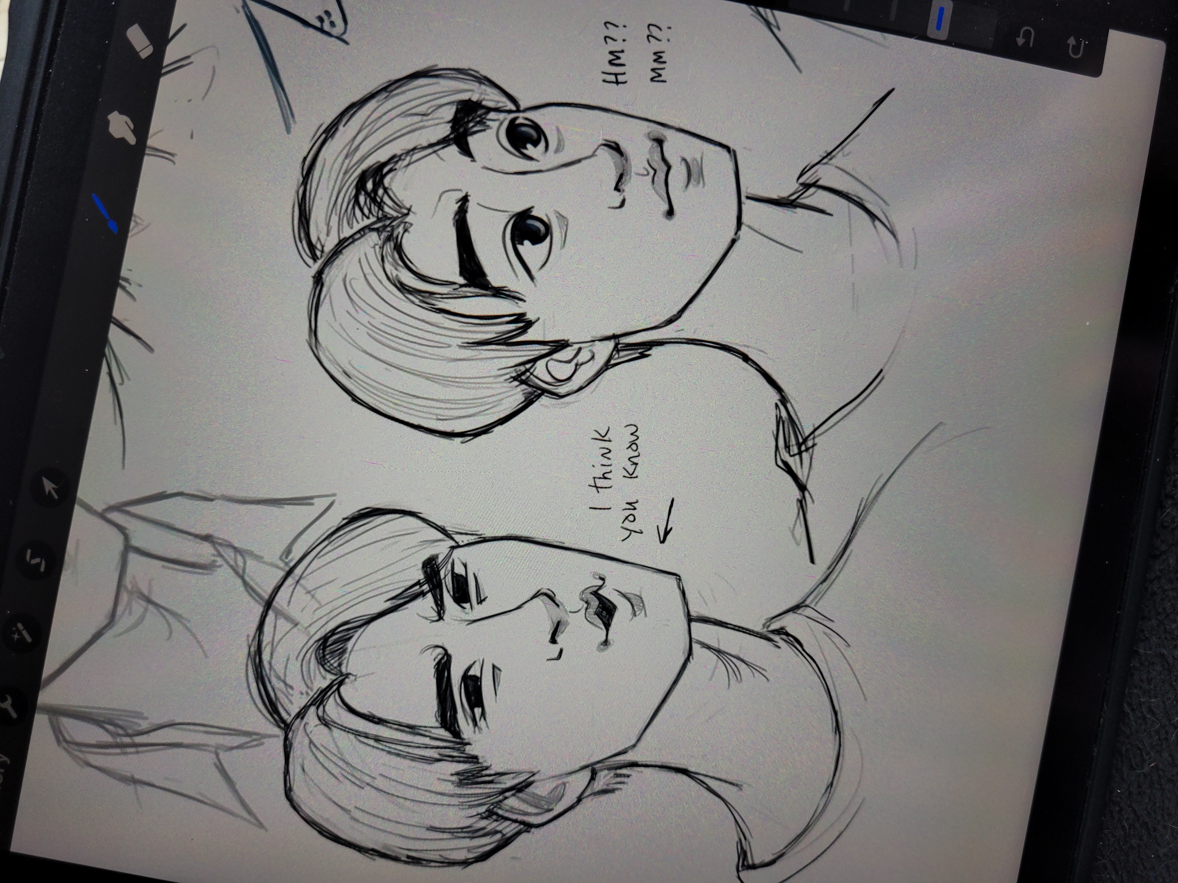 the image shows a digital sketch of two male characters drawn in a style reminiscent of manga or manhwa. the sketch focuses on their head and shoulders, showcasing different expressions. the character on the left has a playful, almost teasing expression with his lips slightly puckered. the character on the right appears curious or slightly confused, tilting his head with raised eyebrows. both characters sport short, trendy hairstyles. the sketch is rendered in grayscale on a digital drawing app, evidenced by the interface elements visible on the screen.