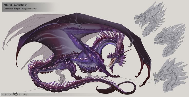 the image is a concept art piece featuring a gemstone dragon by allison theus for mcdm productions. the primary focus is a purple dragon with elaborate wing structures, gemstonelike scales, and a spiky frill along its spine. the dragon is posed with its mouth open, revealing teeth. to the right of the main dragon, there are three rough sketch variations of the dragon's head, exploring different design options. the image includes textual information such as "mcdm productions", "gemstone dragon  rough concepts", and the artist's name.