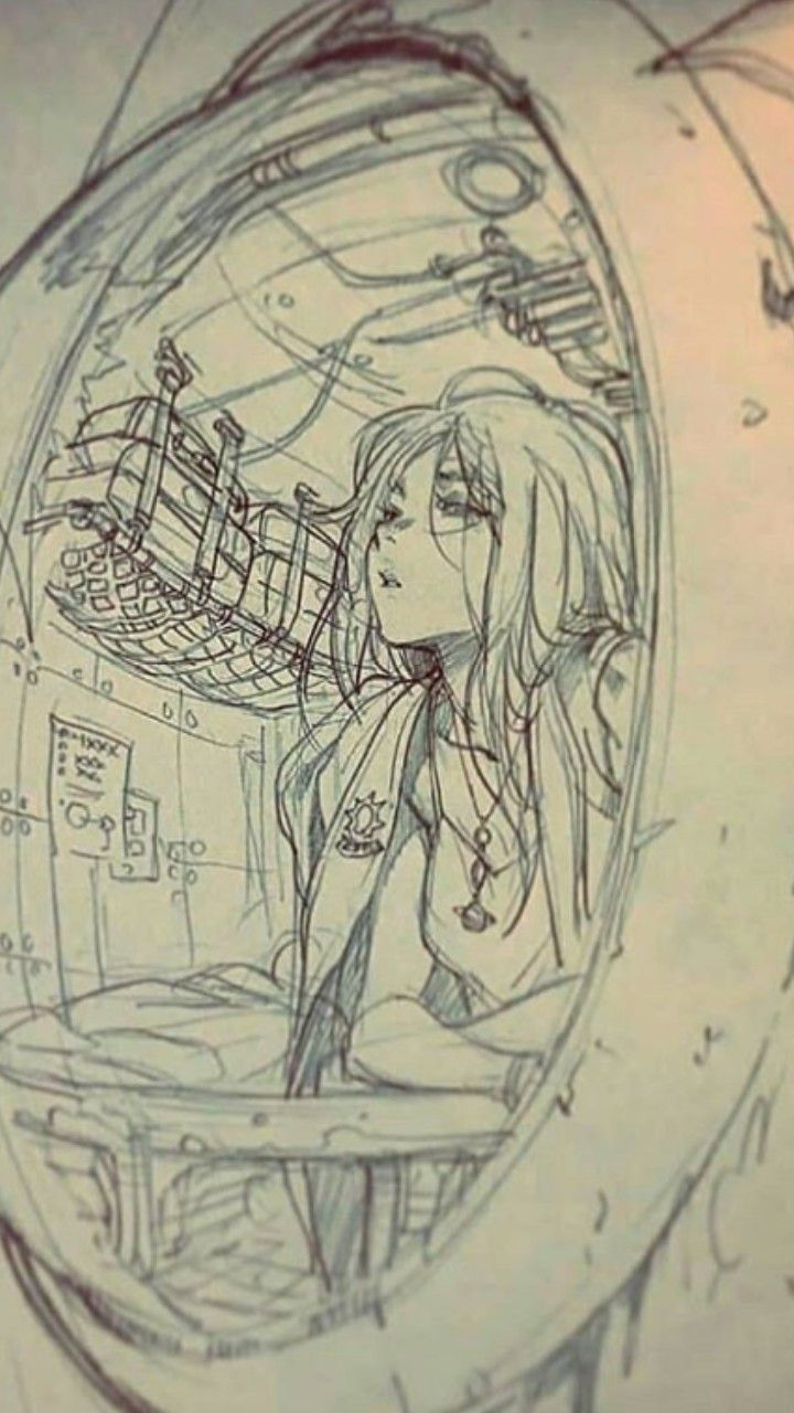 a detailed pencil sketch depicting a young woman with long hair sitting within a circular, futuristic setting.  she appears pensive and thoughtful. the surrounding environment is highly detailed, suggesting a spaceship control room or a similar technological space with complex machinery and panels. the overall style is a blend of science fiction and fantasy elements, rendered with a high level of detail and shading using pencil. the image possesses a somewhat vintage or retro aesthetic.