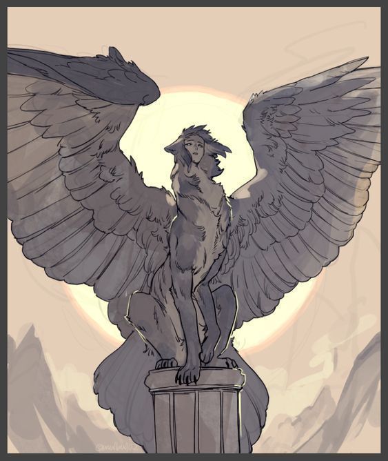 the image shows an illustration of a sphinx with large wings, a human face, and an animal body, sitting atop a column. the sphinx is set against a backdrop of mountains and a rising or setting sun.