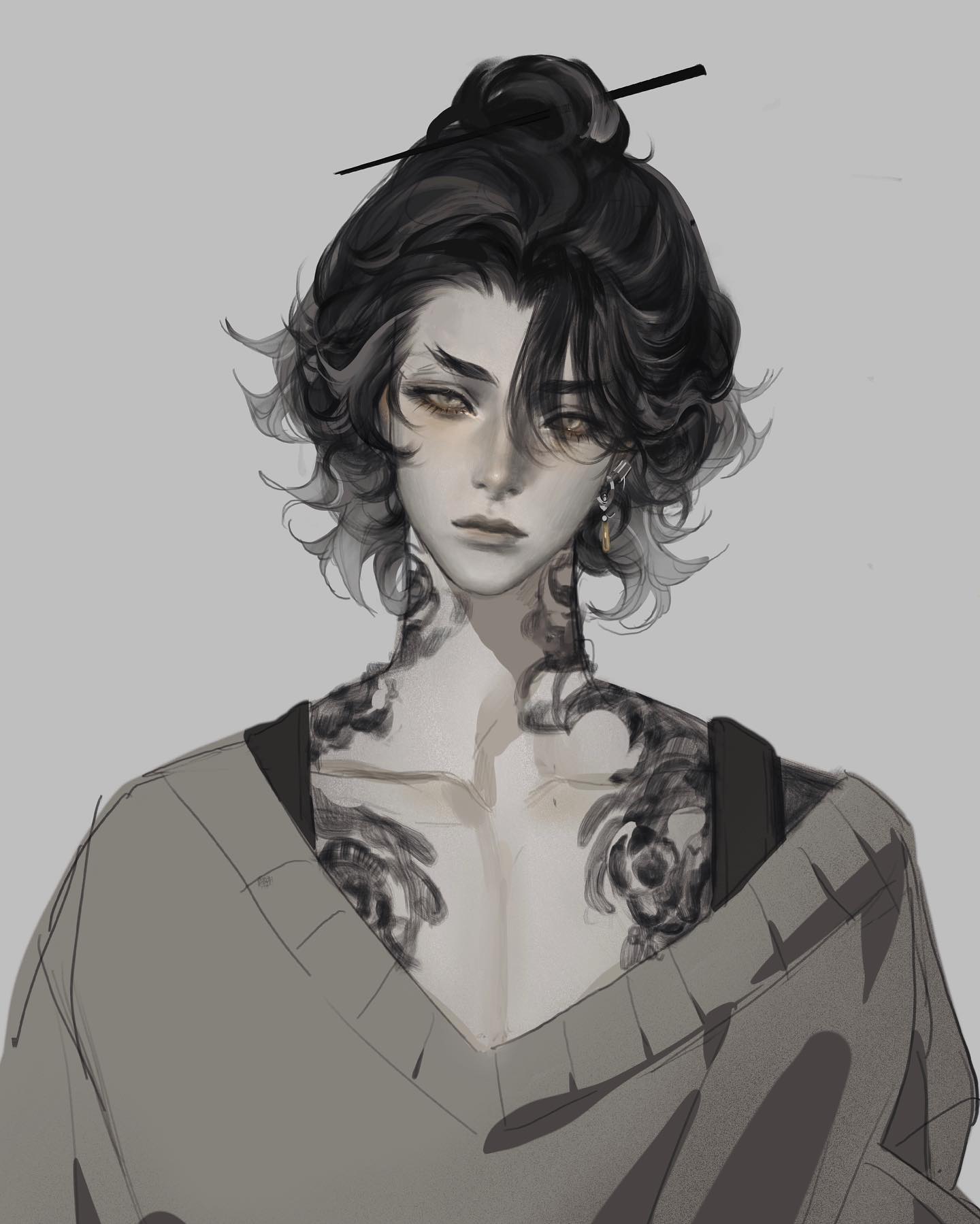 the image depicts a digital illustration of a young man with androgynous features. he has dark, slightly messy hair tied in a top knot with a chopstick. he is wearing a loosefitting, olive green sweater that reveals intricate black ink tattoos across his chest and the base of his neck.  the man has a melancholic expression with soft, downcast eyes. the background is a plain light grey, keeping the focus on the subject. the overall style of the illustration is reminiscent of anime and manga with a touch of fantasy.