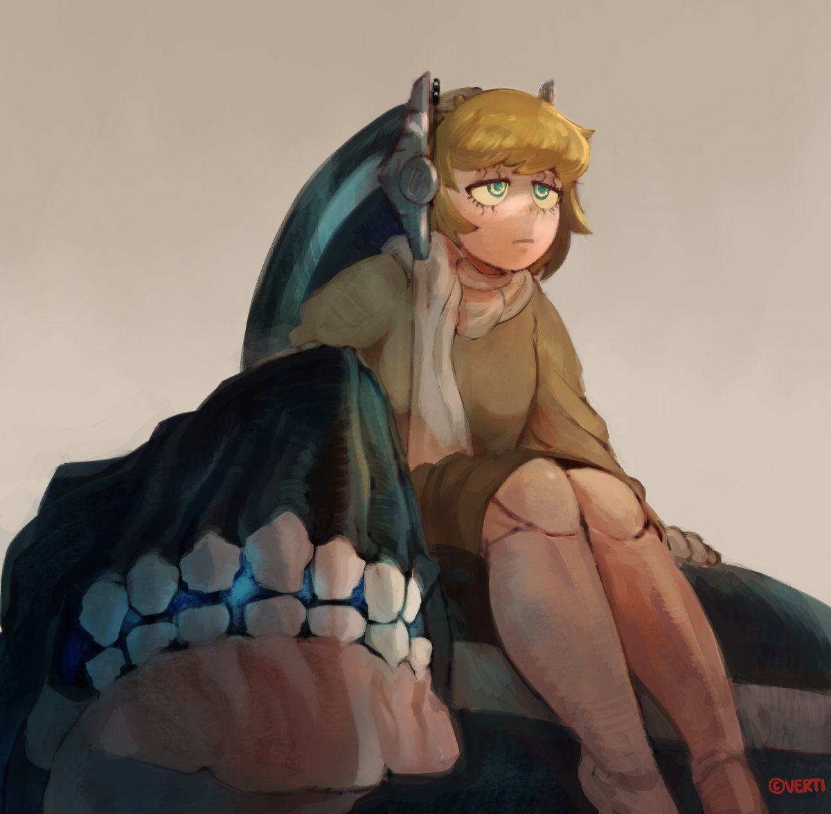 a digital illustration of a girl sitting on a giant robot, with a white background. the girl is dressed in a brown and beige outfit and has yellow hair. the robot is blue and grey and has a large claw on its arm. the image is in a fantasy, scifi style and evokes a sense of adventure and mystery.