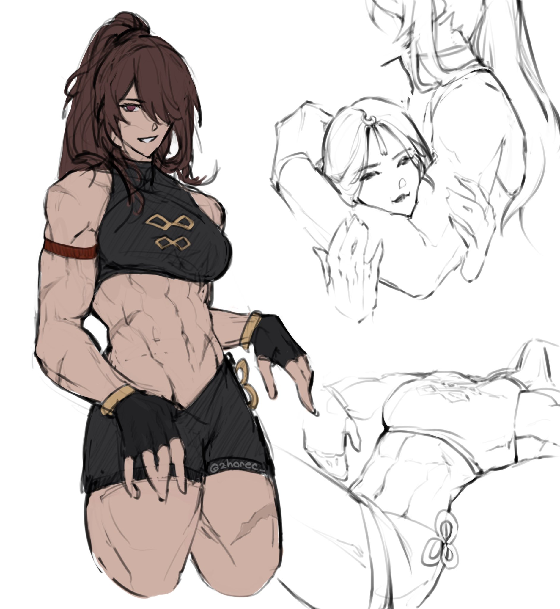 the image contains several sketches. the main focus is on a detailed drawing of a muscular female anime character with brown hair styled in a high ponytail. she's wearing a darkcolored sports bra and shorts. her physique is highly defined, showcasing welldeveloped muscles throughout her body.  she has a confident expression. the other sketches appear to be less detailed studies of women in similar poses, potentially showing different variations or the development process of the main figure. they are drawn in a less detailed style, likely for composition and pose exploration. the overall style is a blend of anime and a more realistic representation of musculature.