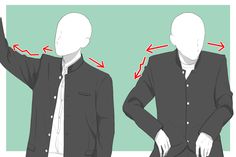 an illustration showing two simplified figures in partially unbuttoned suit jackets, demonstrating dynamic poses. red arrows illustrate the direction of movement.