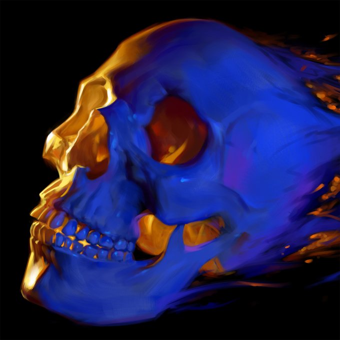 a digital painting depicts a human skull in a striking blue hue with gold accents. the skull is shown in a side profile, with the dark background emphasizing the contrast between the cool blue and warm gold tones. the anatomy is stylized, with visible teeth and the skeletal structure is enhanced with brushstrokes that create a sense of movement.