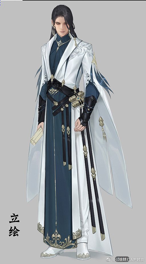 this is a digital illustration of a male anime character with long black hair. he is wearing a long white robe with blue accents, a black belt, and a gold accessory. he is also holding a sword in his hand. he is standing in a formal pose and looks elegant and handsome. the background is a simple gray.