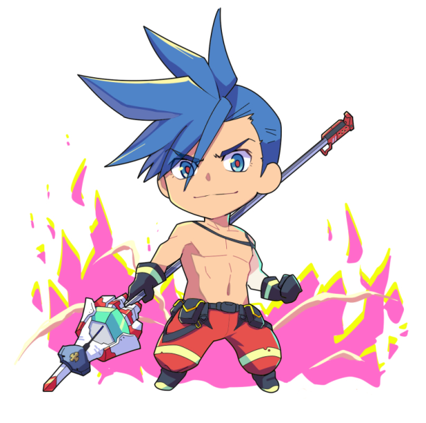 the image showcases a chibistyle illustration of a male character, likely a fanart rendition. he is depicted in a dynamic pose, set against a backdrop of stylized pink flames. his attire consists of firefighting gear, including red pants held up by black suspenders, and a firefighting glove on his right hand. notably, he is barechested, emphasizing a sense of action and intensity. the character's blue hair is sharply styled, and his red eyes exude determination. he wields a futuristiclooking weapon, suggesting involvement in combat or a fantastical profession. the overall color palette is vibrant and eyecatching, featuring bold contrasts between pink, blue, and red.