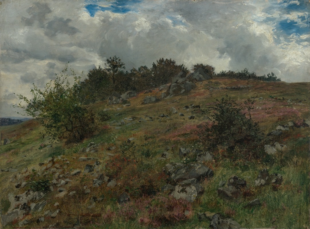 the image is a painting of a landscape. the scene depicts a grassy hill dotted with rocks and various types of vegetation, including small trees and shrubs. in the background, there's a cluster of trees and more rocks at the crest of the hill. the sky is filled with clouds, suggesting an overcast day. the artwork uses visible brushstrokes, a characteristic of impressionism, to convey texture and atmosphere.