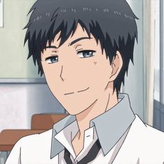 this is a digital illustration of a young man with short, dark hair and blue eyes. he's wearing a white shirt with a black collar and a brown tie. he's smiling slightly, and his eyes are partially closed. the background is a blurry depiction of a classroom with a light gray wall and brown desks.