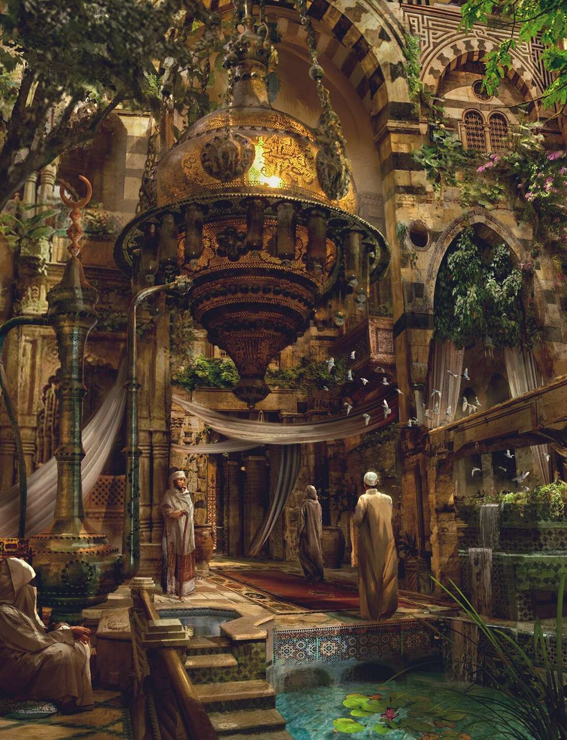 the image showcases an intricately designed courtyard reminiscent of islamic architecture. lush greenery flourishes, integrating nature within the structure. a central fountain, adorned with mosaic tiles, creates a tranquil ambiance. four figures, seemingly religious scholars, are present, adding a sense of serenity and spirituality. the scene is illuminated by both natural light filtering through the open roof and artificial light sources within the courtyard.