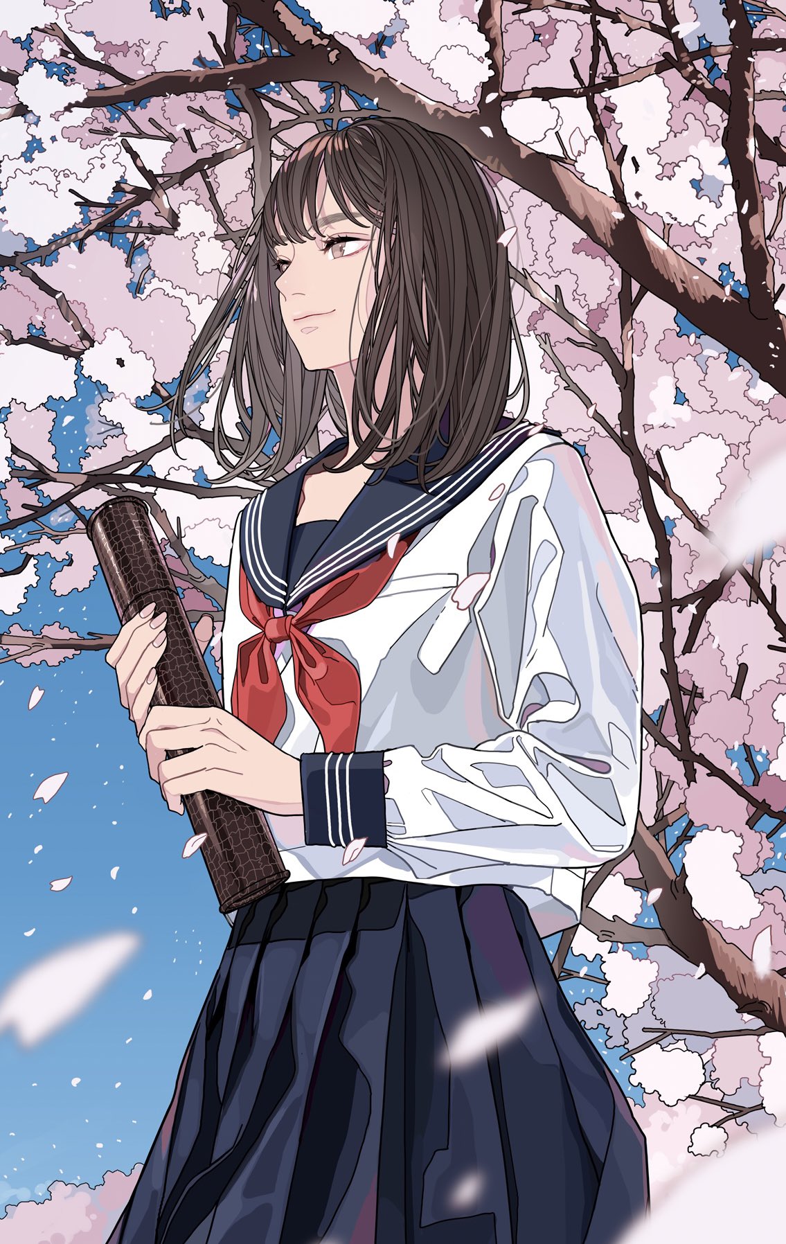 an anime girl in a school uniform holding a diploma stands in front of cherry blossoms.