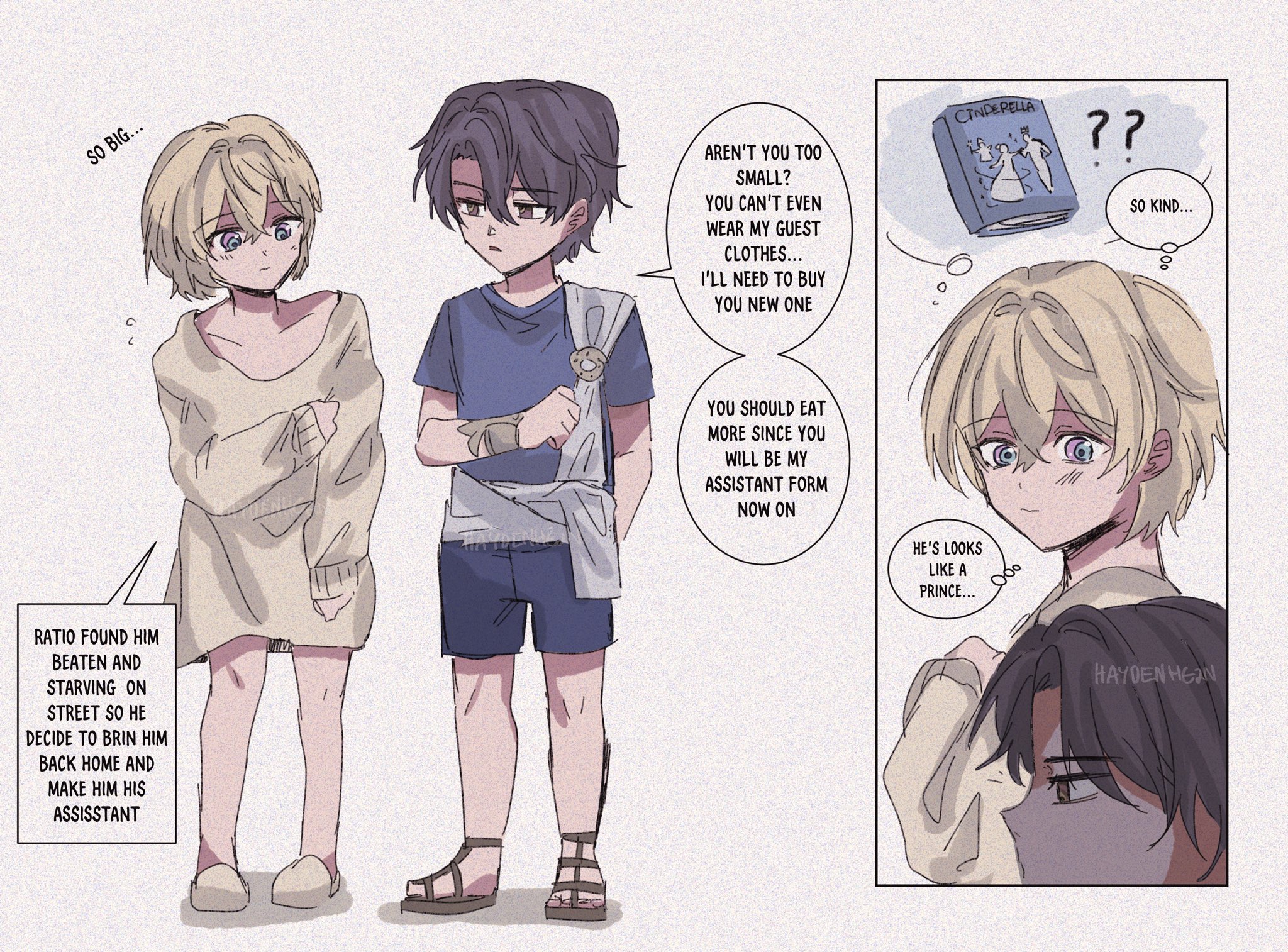 this is a comic illustration from a manga with three boy characters in it. one of them is an assistant to the prince. the prince is worried because the assistant is too small and the clothing is not fitting properly. the assistant is looking to his friend who is a prince in the comic. the other two are in the background. they are talking about the size issue and the prince is happy because the assistant is so kind and wants to fit the clothing properly.