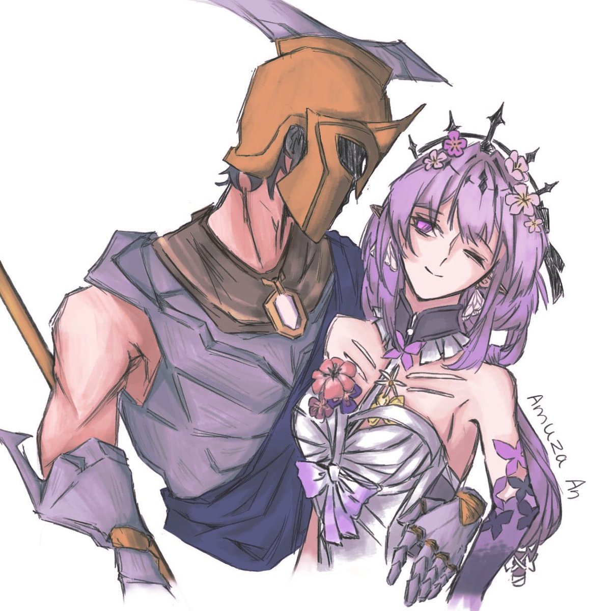 a drawing of a spartan embracing a woman with purple hair and a flower crown on her head. the spartan is wearing a helmet and armor.