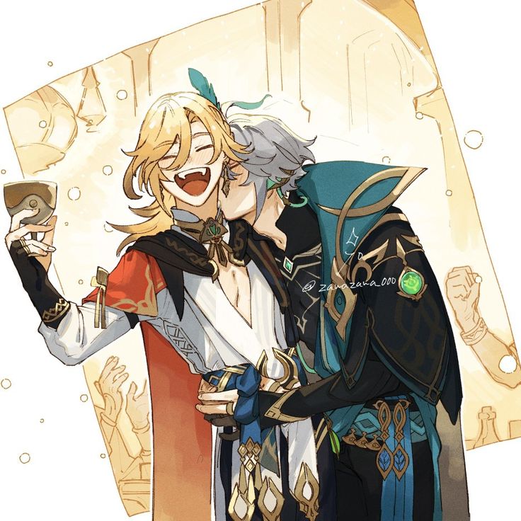 the image is a piece of fanart depicting zhongli and albedo from the video game genshin impact.  albedo is seen embracing zhongli from behind and nuzzling his neck, while zhongli happily holds up a goblet of wine. both characters are adorned in their signature elaborate and elegant outfits, suggesting a celebratory occasion. the art style is anime/manga inspired, with soft colors and detailed clothing. the background features a soft golden hue and suggestive of a celebratory atmosphere. the overall mood is affectionate and joyful, focusing on the romantic relationship between the two characters. the artist's signature is subtly placed on the artwork.