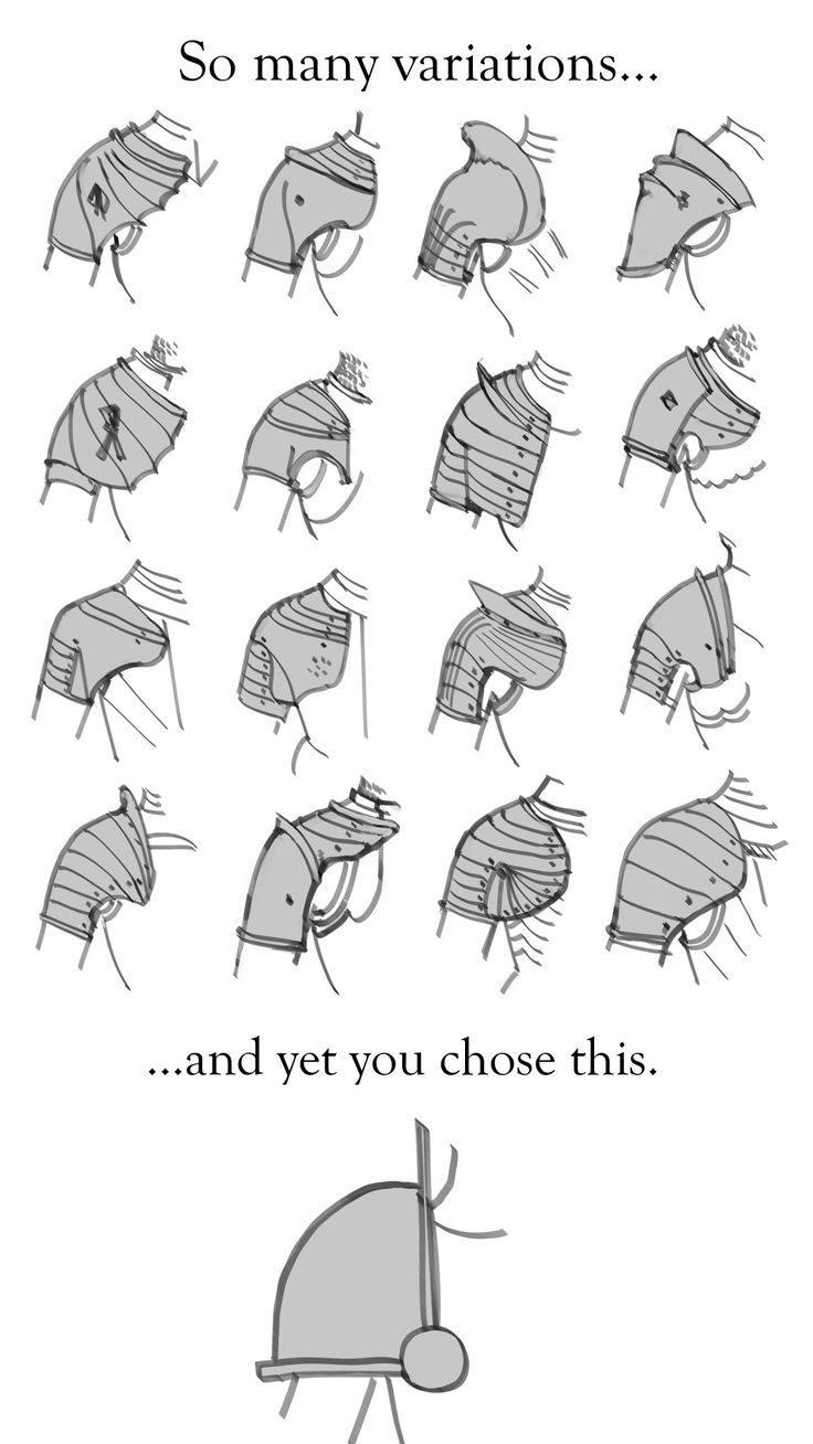 the image is a humorous illustration comparing various designs of medieval pauldrons (shoulder armor). the top section shows a grid of numerous sketches depicting different styles and levels of detail in pauldrons.  the caption "so many variations..." highlights this variety.  below, a simpler, arguably less elaborate design is shown with the caption "...and yet you chose this," implying a comedic choice of a less impressive design from the many options. the simpler design is drawn at a different angle and perspective than the others, resembling a wheeled object.  the overall style is a handdrawn sketch, emphasizing the informal and playful nature of the comparison.