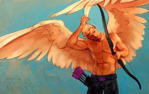 the image is a digital painting or illustration depicting a male figure with large, feathery, orangetoned angel wings. he is shirtless, showcasing a muscular physique, and is holding a bow and arrow. his hair is light blond, and his expression is intense. the figure appears to be a modern interpretation of a cupid or angellike character. the background is a soft, teal color, and the overall style of the art is painterly and somewhat romantic. the artist's signature is visible in the bottomleft corner.