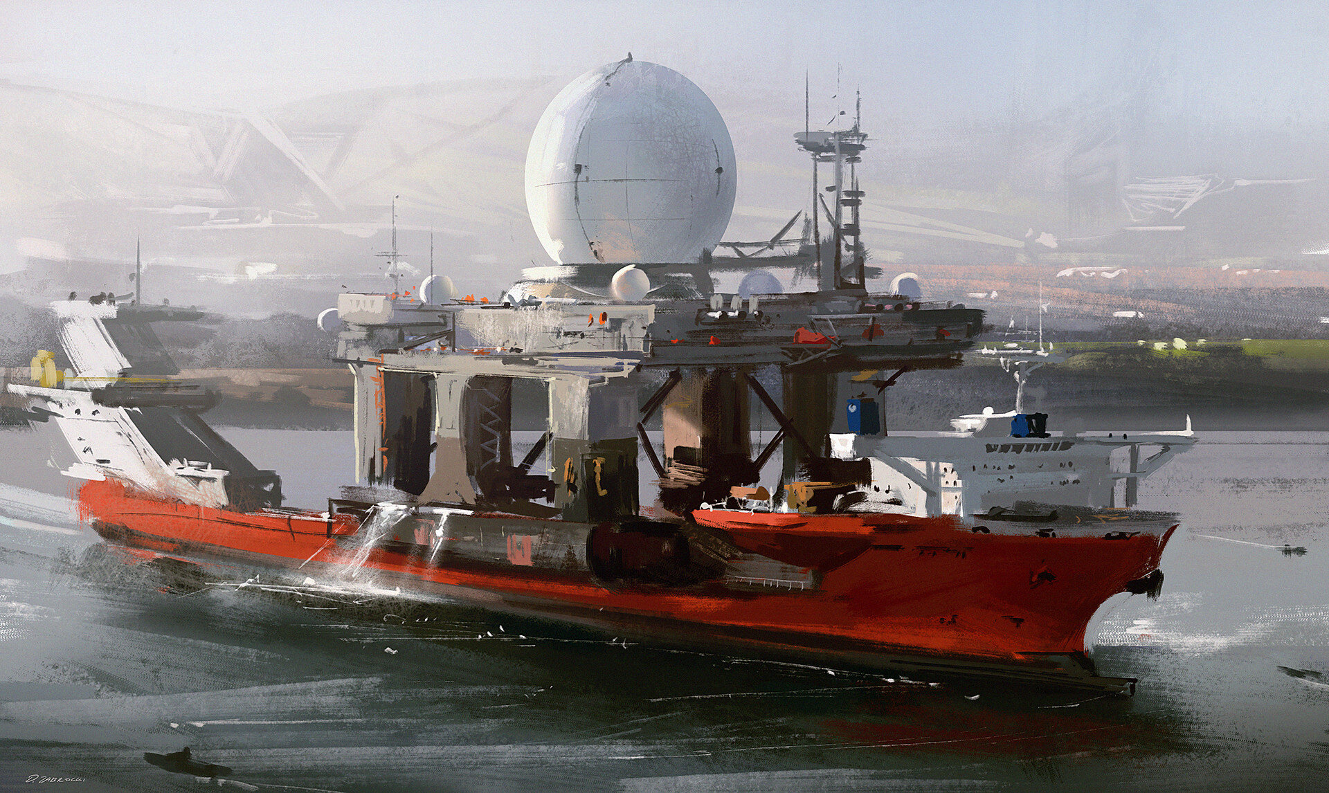 a digital painting of a large, futuristic ship with a large radar antenna. the ship is red with white accents and is docked in a harbor. the water is calm and the sky is cloudy. the image is set in a futuristic environment.  the ship has a unique, geometric design and a large, powerful radar antenna on its top.  the ship's deck is full of equipment and cargo. the image is painted in a realistic style, with a focus on detail and atmosphere. the colors are muted and hazy, creating a sense of depth and mystery. the ship is the focal point of the image, and the surrounding environment is rendered in a more abstract style.