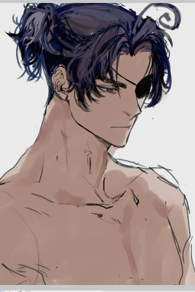 a digital artwork depicting a young anime man with black hair tied up in a ponytail. he has an eyepatch over his right eye and is looking down, giving off a serious expression. he is shirtless, showing his chest and upper body, and is drawn in a style that is both realistic and stylized. the artwork is set against a white background.
