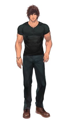 the image showcases a fullbody illustration of a muscular, adult man with brown hair. he is stylishly dressed in a tight black tshirt that accentuates his physique, paired with fitted dark blue jeans and brown boots. the artwork is likely in an anime or manga style, evident from the character's exaggerated features like his tousled hair, strong jawline, and muscular build. he stands confidently against a white background, suggesting a studio setting for the portrait. the soft lighting enhances his features without being overly dramatic, creating a balanced and appealing visual.