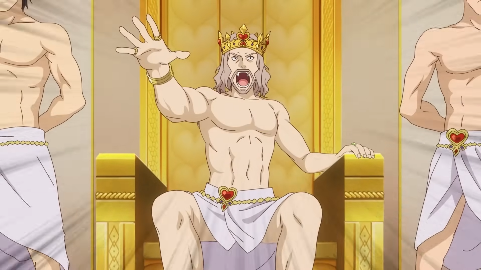 the image depicts a cartoon king sitting on a golden throne. he is barechested and muscular, wearing only a white toga and a golden crown. he has long, white hair and a beard. he is raising his right hand in a commanding gesture. the throne is adorned with red hearts. two muscular guards, similarly attired in white togas, stand behind him. the background is a bright yellow, suggesting a radiant aura or divine light. the overall style of the image is humorous and lighthearted.