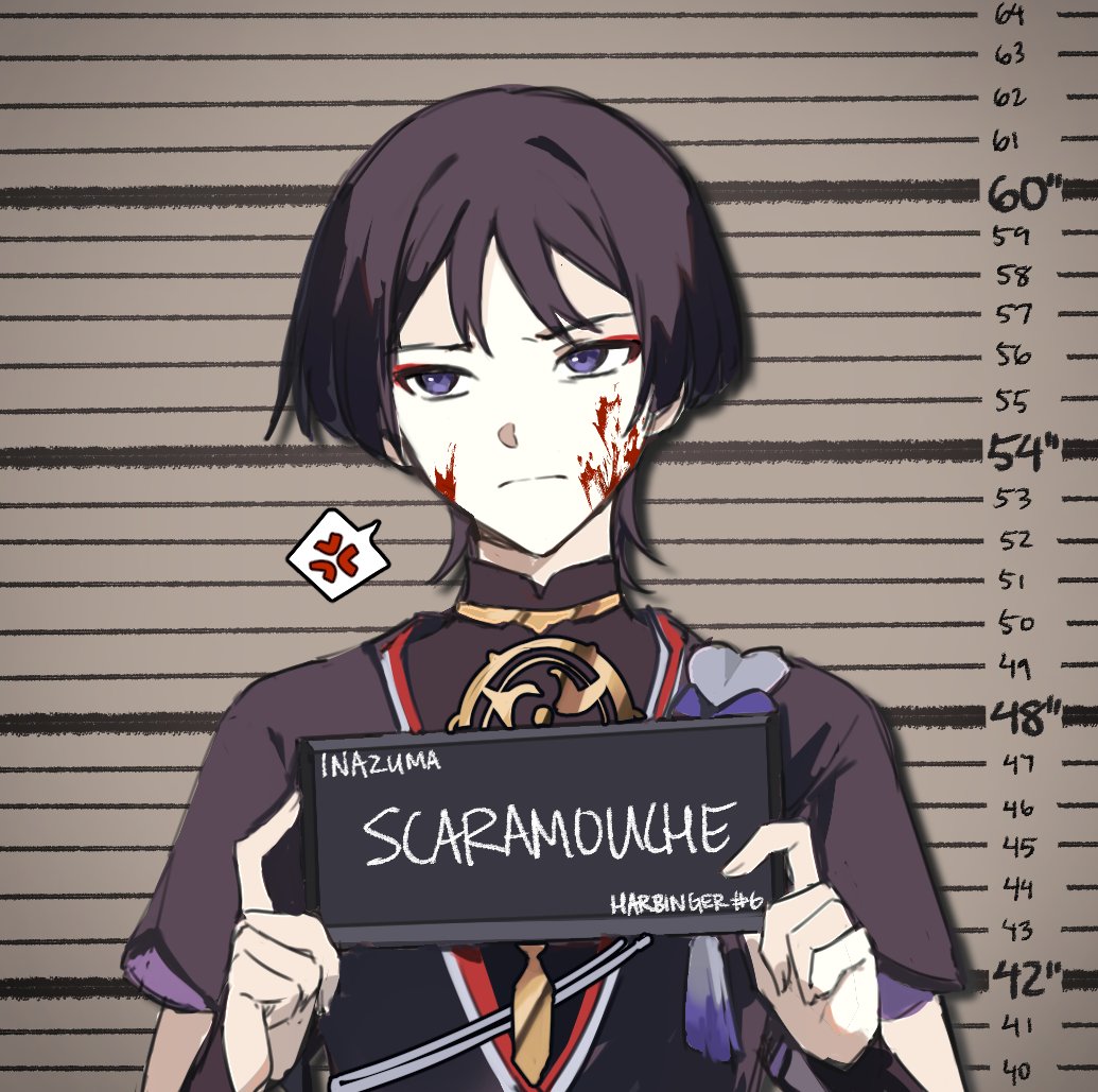 a digital illustration of scaramouche from the video game genshin impact. scaramouche is drawn in a mugshot style with a police lineup behind him. he has blood on his face and is holding a sign that reads "scaramouche harbinger #6". he is wearing a purple, black, and gold outfit. the background is a dark beige. the style of the art is anime and looks like a drawing.
