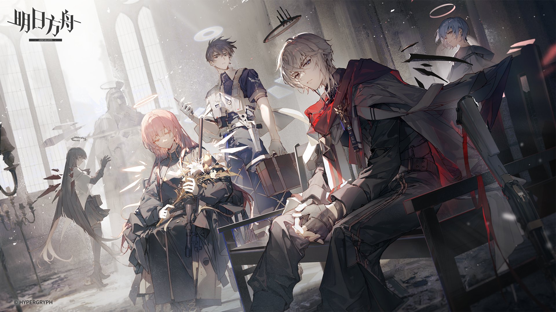 the image is a digital illustration featuring multiple animestyle characters set in an indoor location. the characters include men and women with distinctive hair colors such as grey, pink, and blue. some of them have halos and wings, suggesting a celestial or angelic theme. they are positioned among statues, implying the setting is a grand building or hall. a man sits on a chair while holding a gun. other figures are standing, one holding a briefcase and another a bouquet of flowers. the lighting creates strong contrasts of light and shadow. the illustration appears to be from the game arknights.