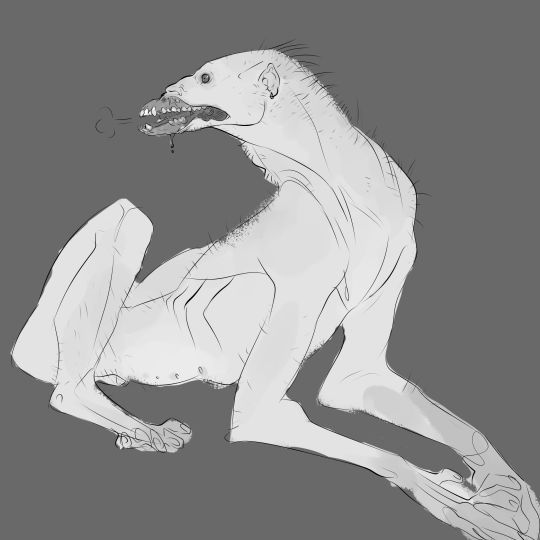 a pale, thin creature with a somewhat caninelike head and humanoid features is illustrated in a sketch style. it has a gaunt appearance, with bony limbs and exposed teeth, and some drooping saliva. the creature is crouching on all fours, with a mix of quadrupedal and bipedal characteristics, giving it a monstrous or fantasylike impression.