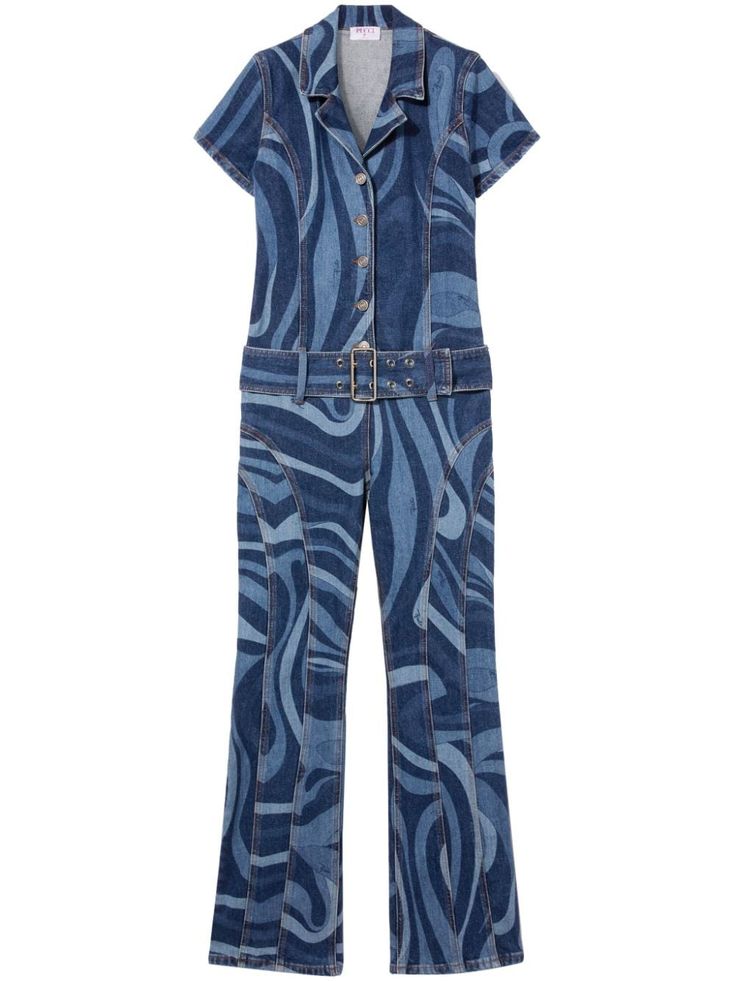 a blue denim jumpsuit with a swirly pattern, a collar, and pockets. the jumpsuit is belted at the waist and has bell bottoms.